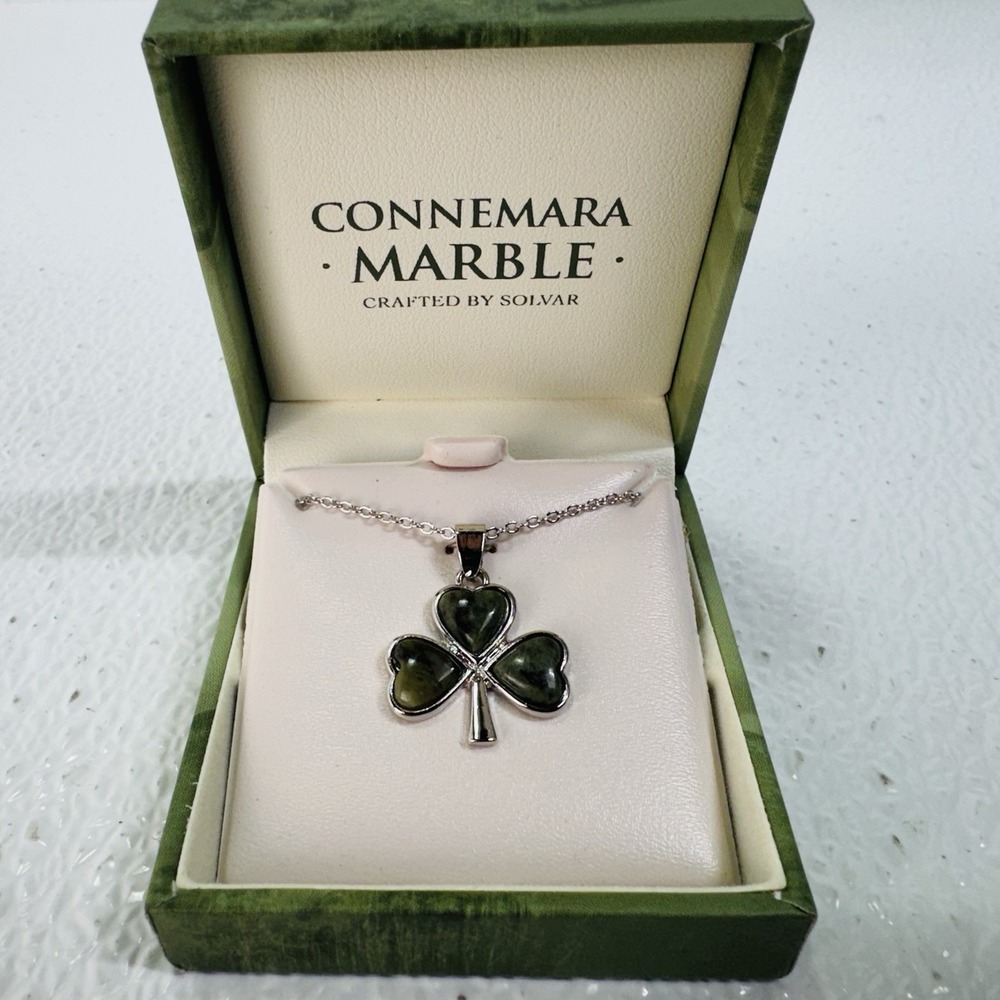 Solvar Shamrock Necklace Sterling Silver & Connemara Marble Irish Made